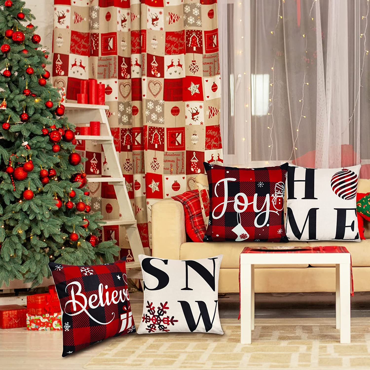 Ouddy Home Christmas Pillow Covers 18x18 Set of 4, Buffalo Plaid Christmas Throw Pillows Cases